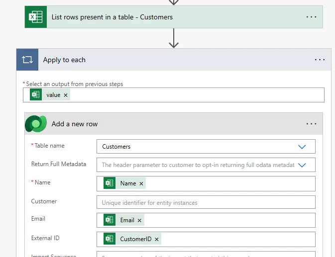 Screenshot of Power Automate List rows present in a table action with Location set to SharePoint site, Document Library selected, File dropdown showing Excel file, and Table dropdown showing formatted Excel table name