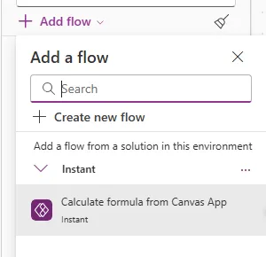 Screenshot of Power Apps canvas app with button selected, Action menu open showing Power Automate option in dropdown to add flows to the app