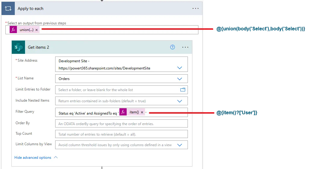 Screenshot of Get items action inside Apply to each loop showing Filter Query field with OData expression Email eq current item from loop to filter list by specific user