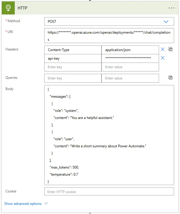 Screenshot of Power Automate HTTP action with Method POST, URI showing OpenAI chat completions endpoint, Headers containing Content-Type and Authorization bearer token, and Body with JSON including model gpt-4 and messages array