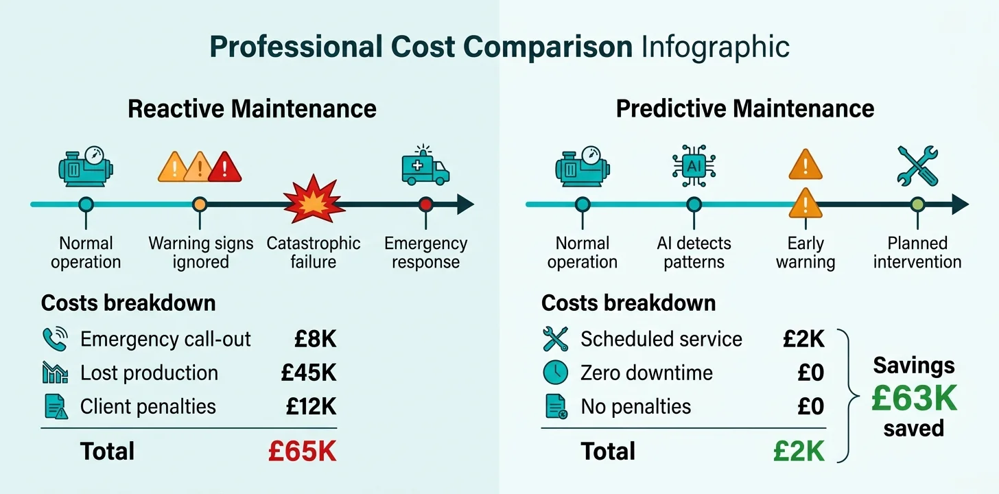 Financial comparison diagram showing reactive maintenance costs including emergency call-outs and downtime versus predictive maintenance with planned interventions