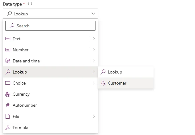 Screenshot of Dataverse Customer lookup field configuration panel showing Related Tables section with both Account and Contact selected, demonstrating polymorphic capability to reference multiple table types
