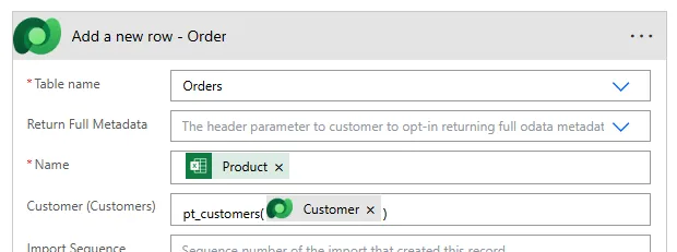 Screenshot of Add a new row action in Dataverse with Table set to Tasks, fields populated from Excel columns, and Project lookup field showing OData binding syntax with GUID reference