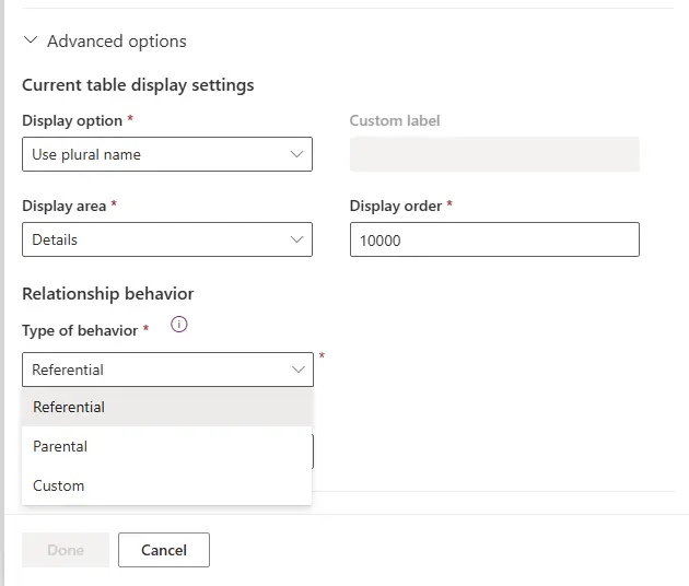 Screenshot of Dataverse relationship configuration panel showing Type of behaviour dropdown with Parental option selected and description explaining cascade all actions automatically propagate from parent to child records