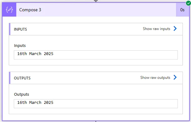 Screenshot of Compose action with Inputs field containing formatDateTime(utcNow(), 'dd/MM/yyyy HH:mm') expression shown in Expression tab to format current timestamp