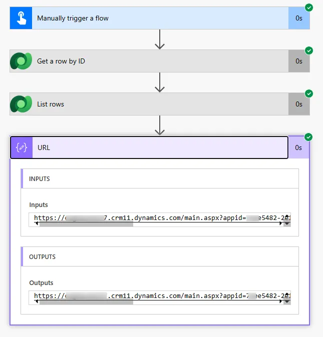 Screenshot of Power Automate Compose action output showing complete deep link URL constructed from dynamic expressions