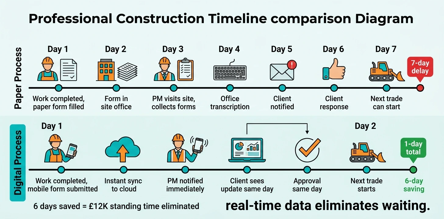 Construction timeline comparison showing paper form delays with 24-72 hour lag versus digital forms with instant updates and zero transcription delay