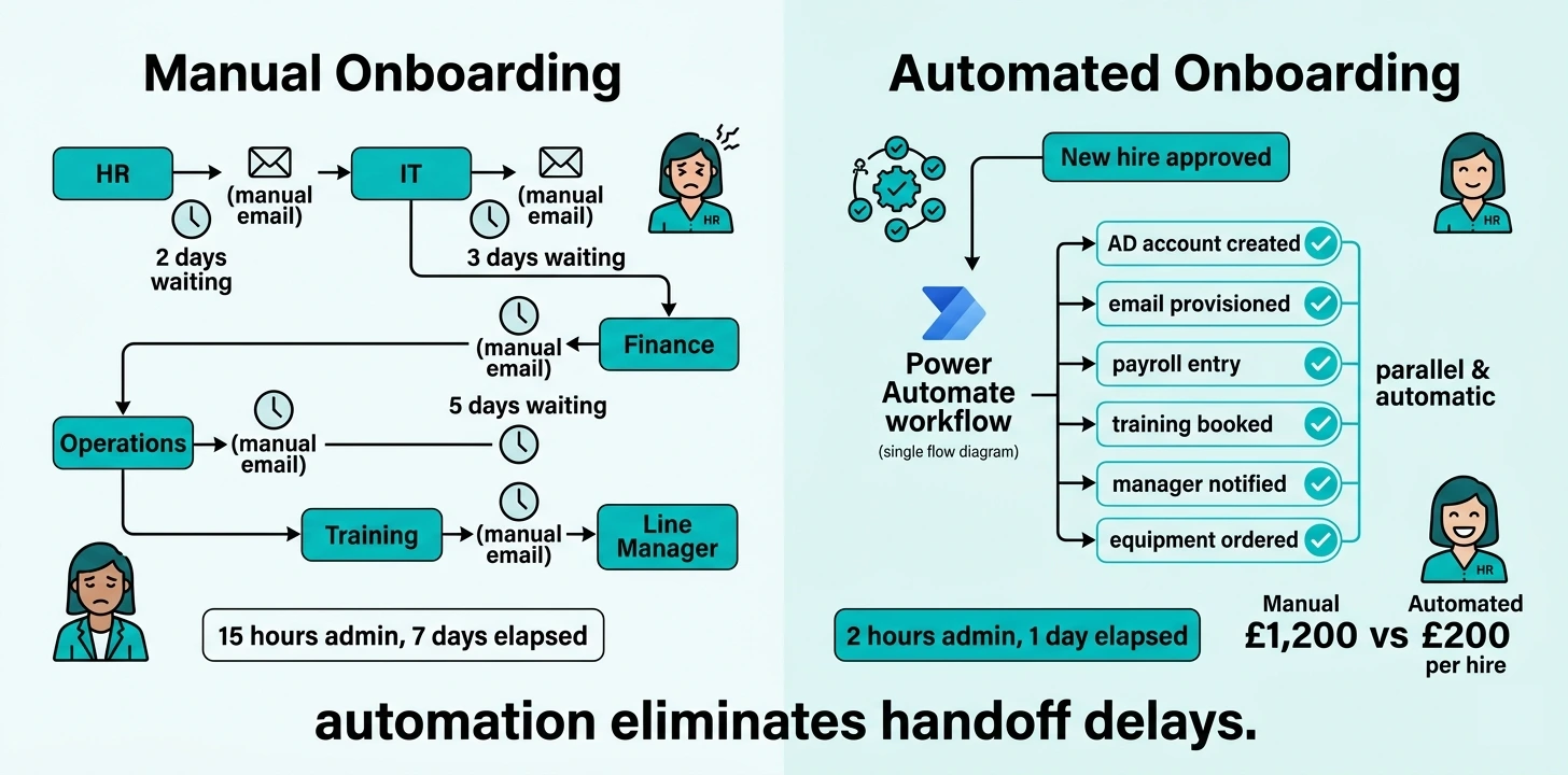 Employee onboarding process comparison showing manual multi-step process with 15 hours admin time versus automated workflow with 2 hours admin time