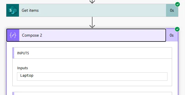 Screenshot of Compose action outputs showing JSON object with properties itemId, Title, Status from first array item successfully extracted using expression