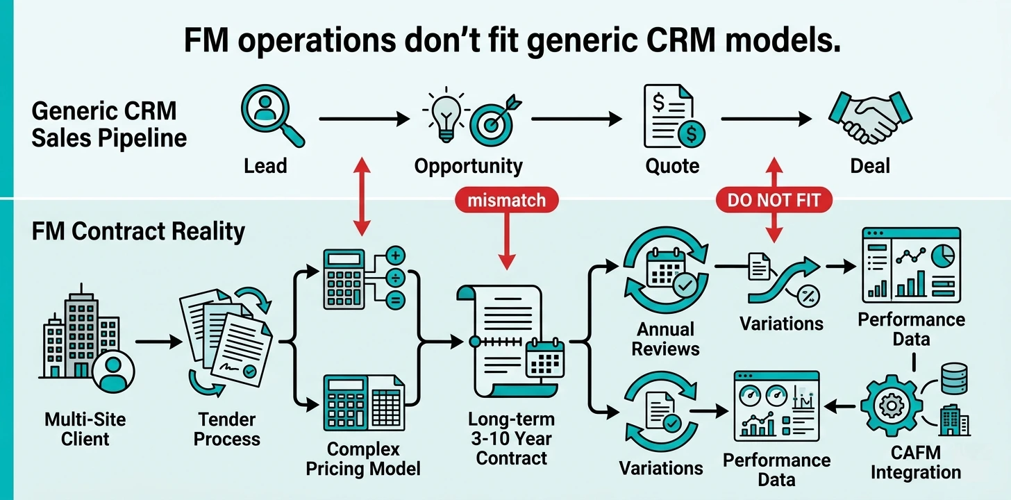 Diagram comparing generic CRM sales pipeline with complex FM contract lifecycle showing customisation gaps