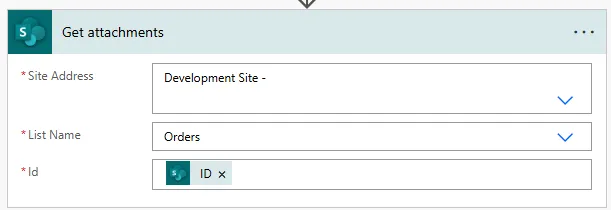 Screenshot of Get attachments action showing Site Address dropdown, List Name dropdown, and Item Id field populated with ID dynamic content token from trigger