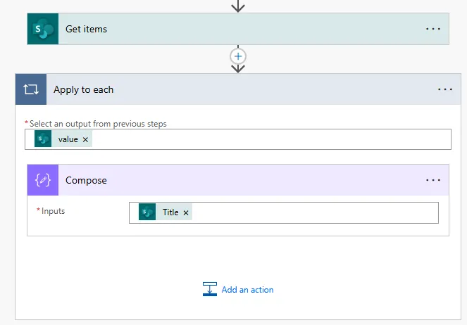 Screenshot of clean Power Automate flow showing Get items action followed by Compose action using expression to access first array item directly without any loop