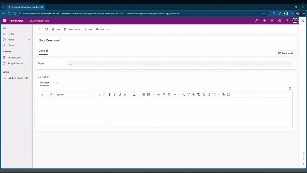 Screenshot of customised Dataverse rich text editor showing corporate font dropdown with organisation-specific fonts, custom colour palette with brand colours, and modified toolbar reflecting company formatting standards