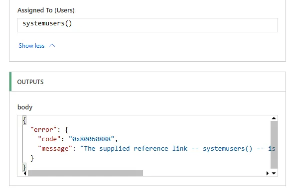 Screenshot of Power Automate error output showing InvalidLookupReference error with message about systemuserid and Body containing error code and Invalid reference line systemuserid details