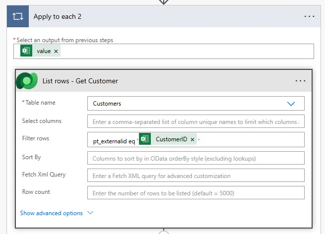 Screenshot of List rows Dataverse action with Table set to Projects, Filter rows showing OData query cr_projectcode eq dynamic content from Excel Project Code column to find matching parent record