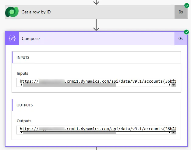 Screenshot of Dataverse record details showing organizationid value OData annotation containing full Dataverse environment URL https org crm dynamics com format