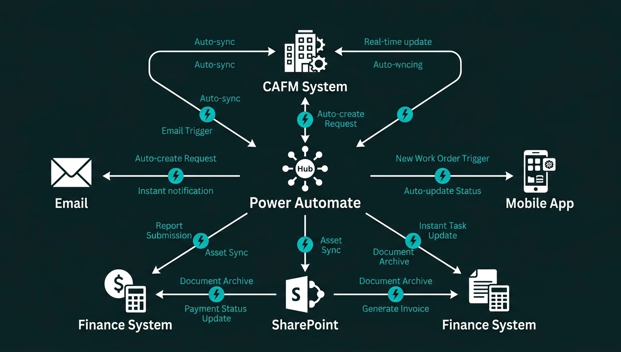 Facilities management workflow showing manual data entry between disconnected systems and approval bottlenecks