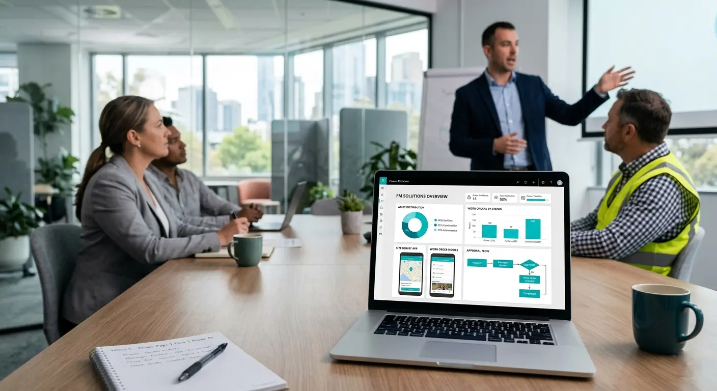 Power Platform services consultation showing custom dashboard and workflow automation for FM and construction operations