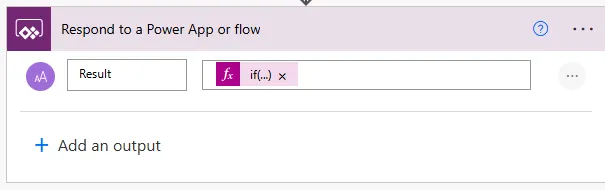 Screenshot of Respond to a PowerApp or flow action with output named Result of type Number, value set to outputs from Compose action calculating sum