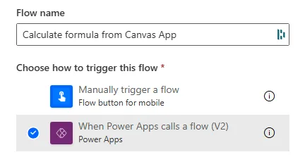 Screenshot of Power Automate flow with PowerApps V2 trigger showing Add an input button to define parameters that canvas app will send