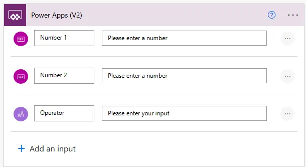 Screenshot showing PowerApps V2 trigger with three inputs configured: Name as Text type, Number1 as Number type, and Number2 as Number type