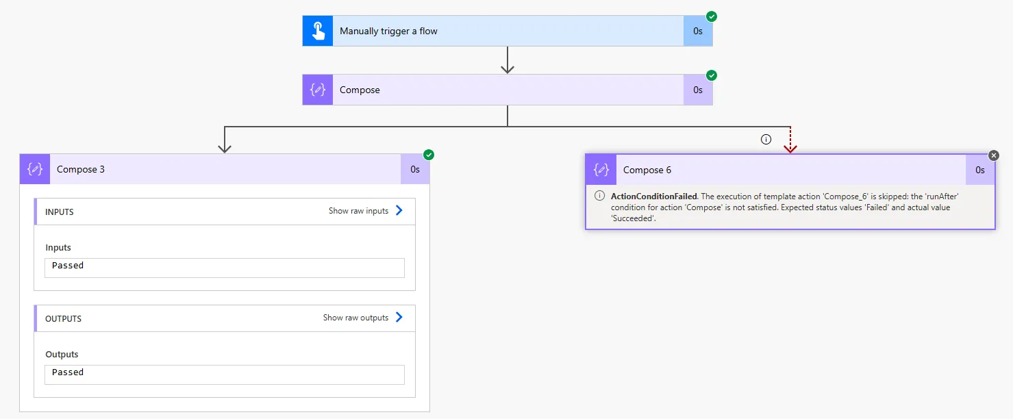Screenshot of Power Automate flow with two parallel branches from one action: green line for success path and red dotted line for failure path leading to error handling action