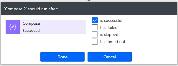 Screenshot of Power Automate action with three-dot menu expanded showing Configure run after option alongside other action settings