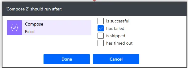 Screenshot of Configure run after dialog box showing four checkboxes: is successful, has failed (checked), is skipped, has timed out, with Save and Cancel buttons