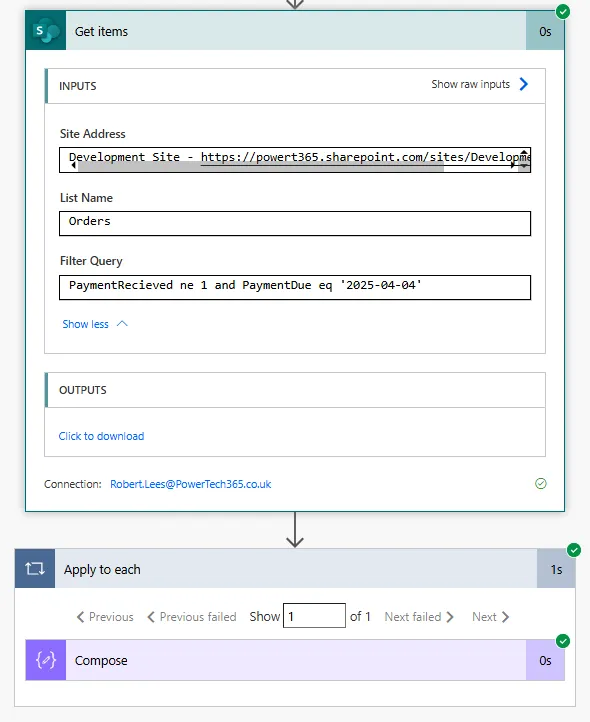 Screenshot of Get items action output showing filtered SharePoint list items with due dates matching the 2-day reminder window calculation