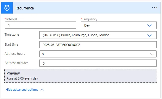 Screenshot of Recurrence trigger in Power Automate with Interval set to 1, Frequency set to Day, and time zone configured to run daily reminder flow