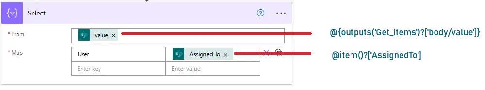 Screenshot of Select action with From field showing value from Get items, and Map section showing key Email mapped to Email column dynamic content from SharePoint list