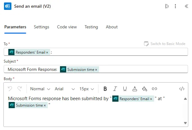 Screenshot of Office 365 Outlook Send an email action card with To field populated, Subject set to New Invoice Received, and Body containing both static text and dynamic content tokens from previous steps