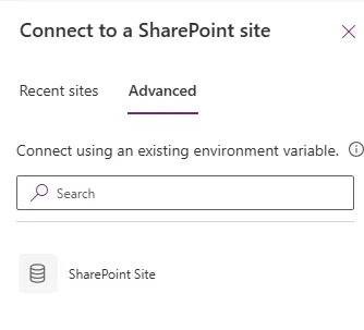 Screenshot of data source environment variable creation with Connector dropdown showing SharePoint selected, and Default value showing site picker interface with list of available SharePoint sites