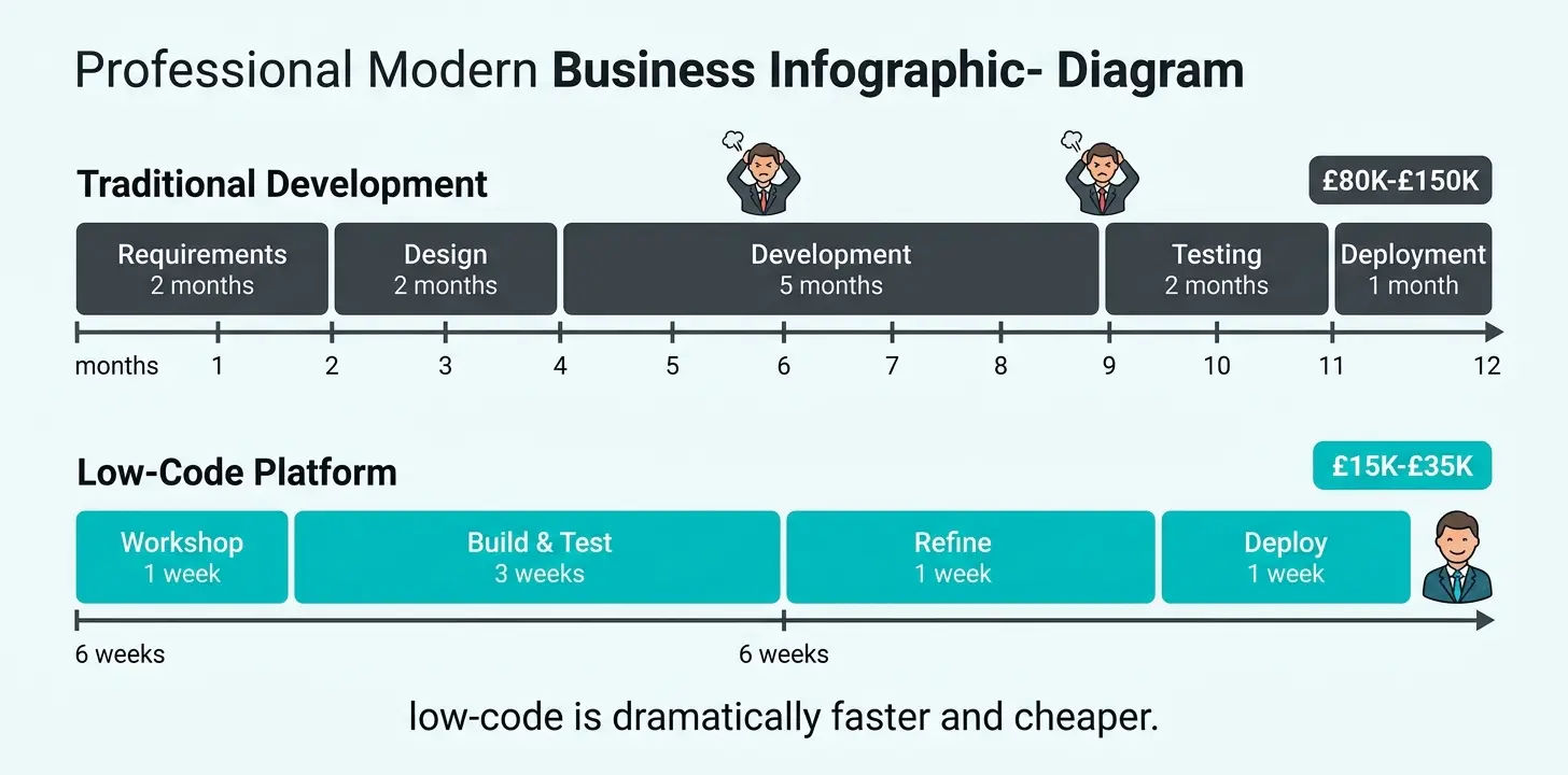 Comparison diagram showing traditional software development 12-month timeline versus low-code platform 6-week delivery for business applications