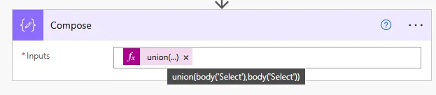 Screenshot of Compose action with Inputs field showing union(body('Select'),body('Select')) expression entered in Expression tab to deduplicate the email array