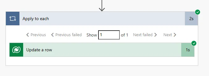 Screenshot of Power Automate flow run history showing successful Update a row action with green checkmark, demonstrating lookup field successfully set to null