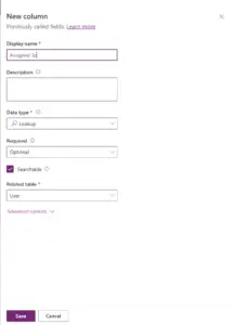 Screenshot of Update a row action in Power Automate with Assigned To field highlighted, showing it requires a Users entity reference and has dropdown for My Text Dataverse Users field