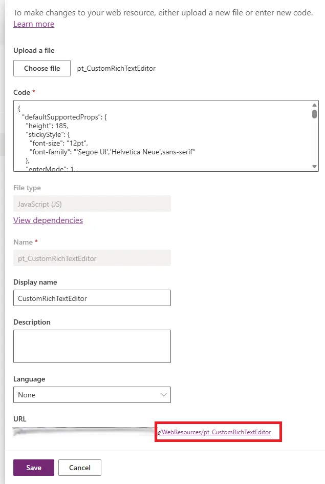 Screenshot of Power Apps maker portal showing new web resource creation form with Name field filled, Type dropdown set to JSON, Upload file button clicked to select RTEConfig.json file from local computer