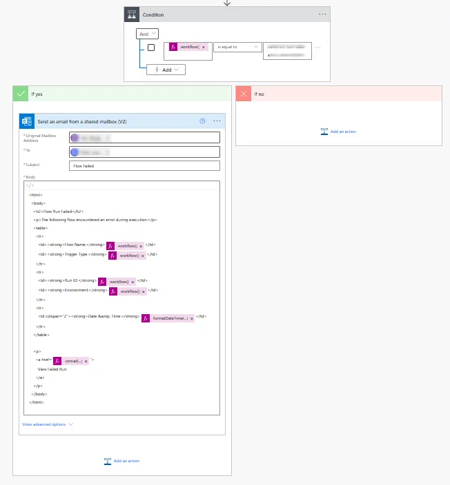 Screenshot of received email showing formatted flow failure notification with flow name in subject, HTML-formatted body containing flow details, environment name, run ID, and blue clickable View Details button linking to flow run