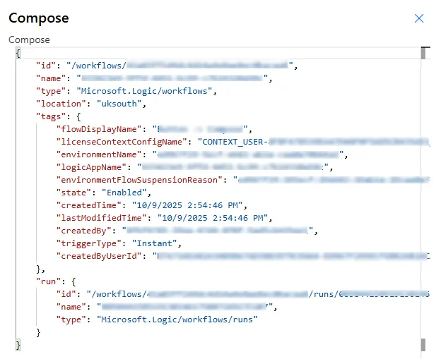 Screenshot of Compose action in Power Automate with Inputs showing workflow() function and outputs displaying JSON object containing flow name, tags, run ID, environment name, and other workflow metadata properties