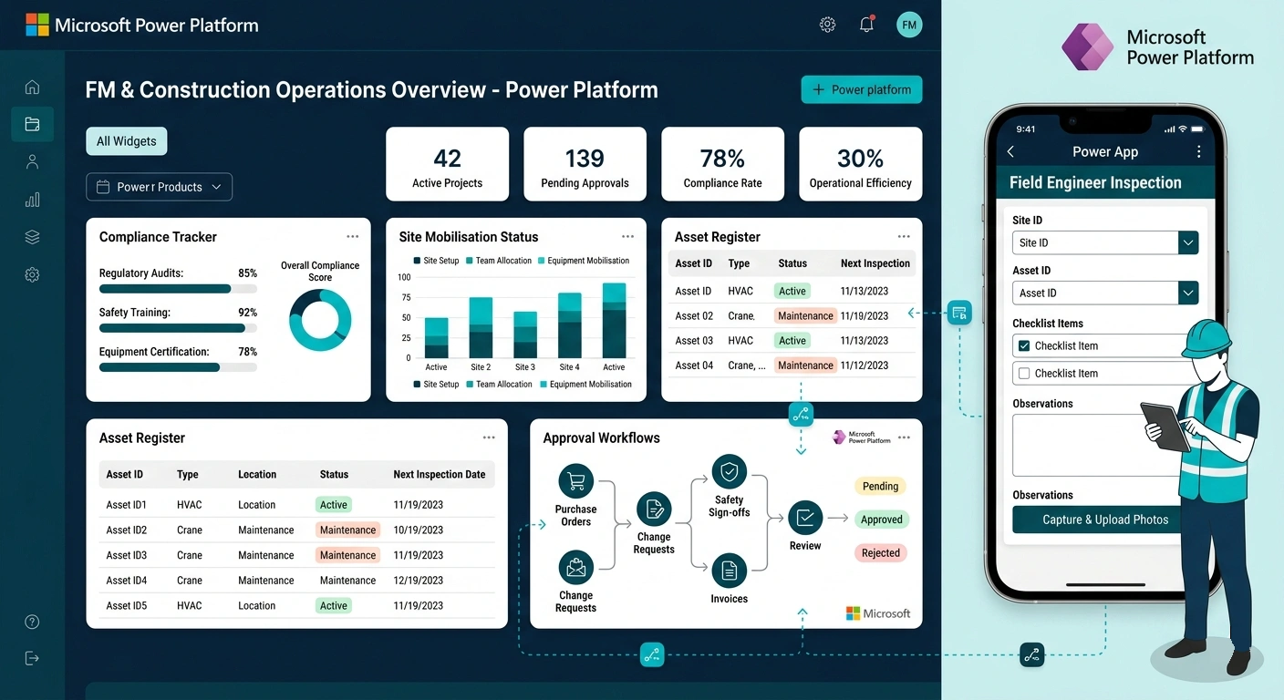power platform solutions dashboard showing compliance tracking and site mobilisation