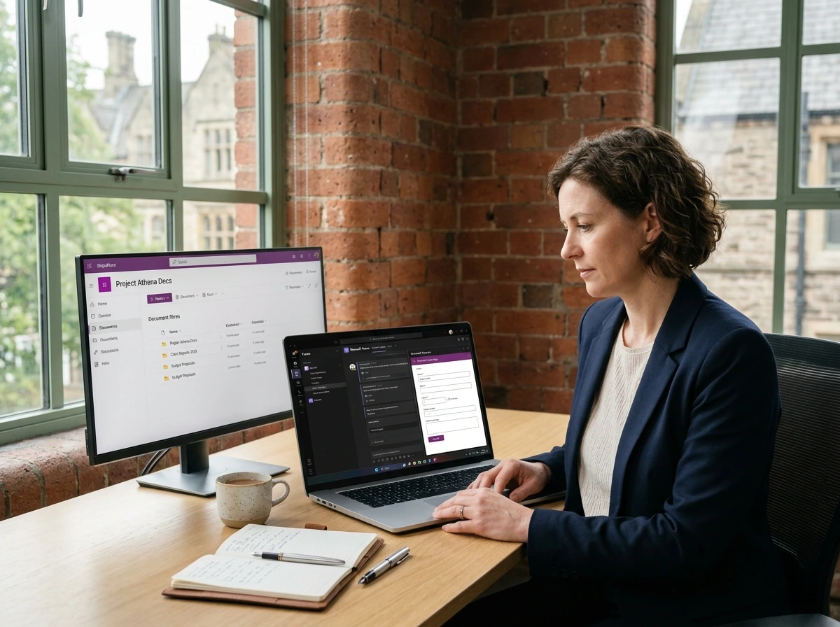 Microsoft 365 integration with Power Platform, SharePoint and Teams on a UK office laptop