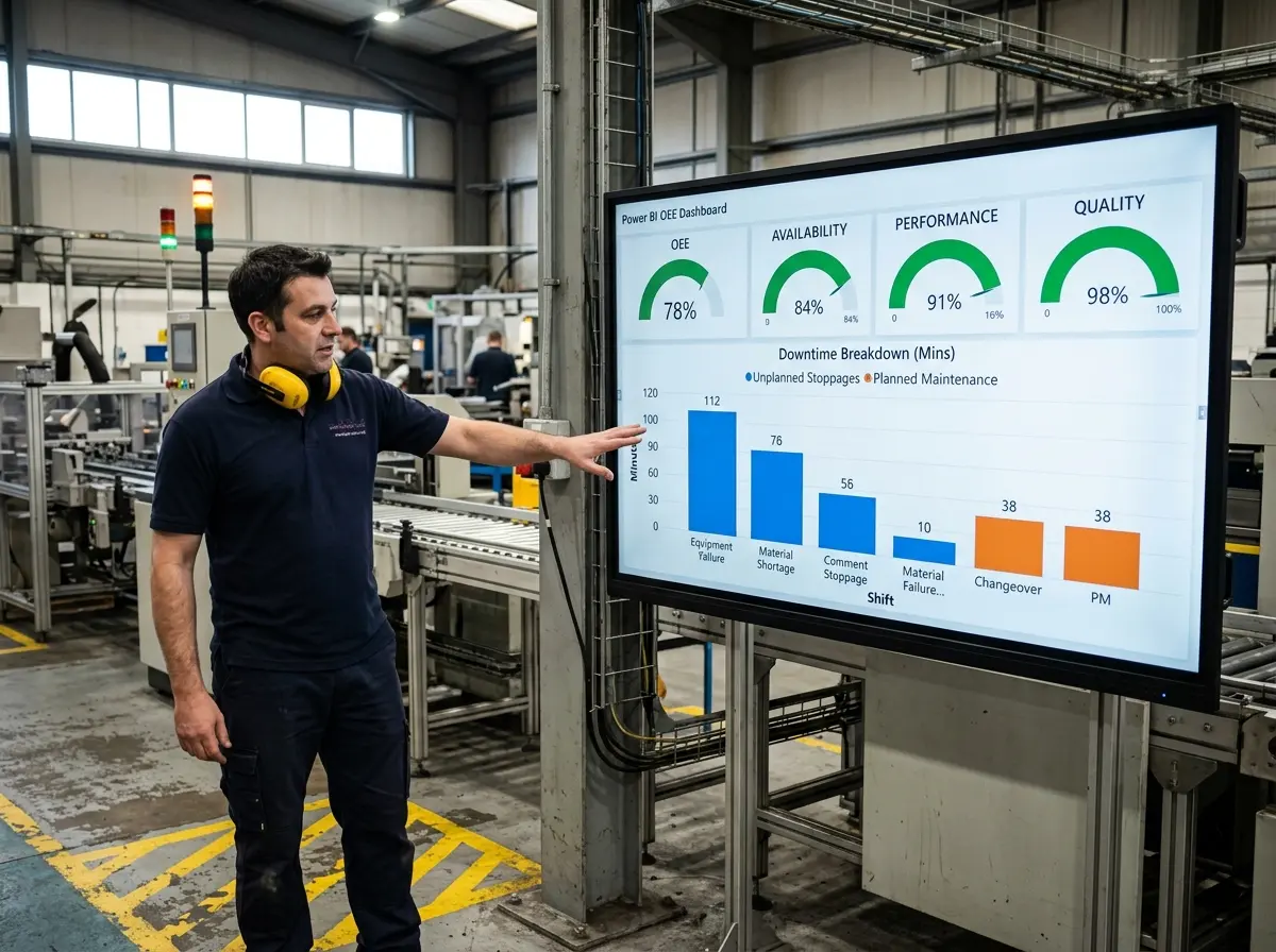 Power BI OEE dashboard from power platform services showing planned versus unplanned downtime on a UK factory line