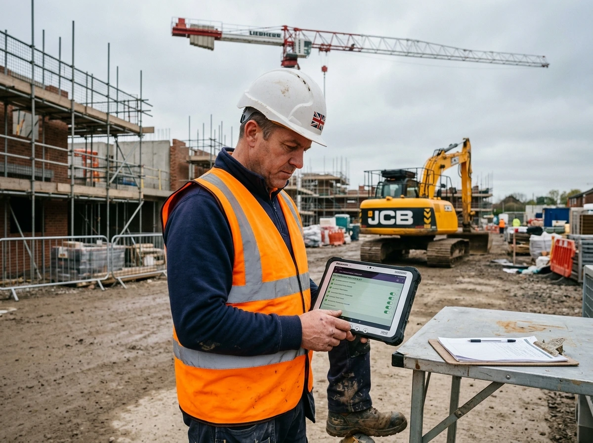 Construction management software on a rugged tablet showing a site mobilisation app at a UK building site