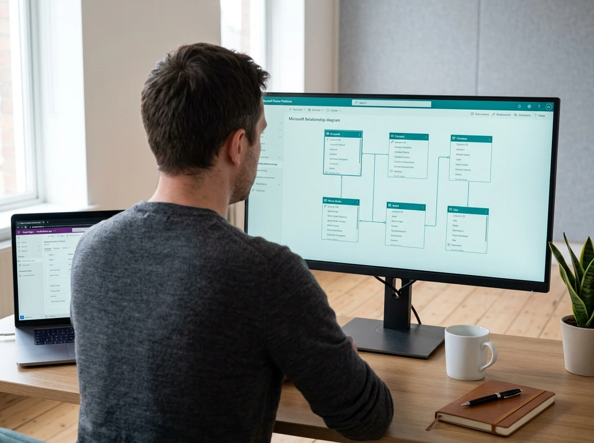 Dataverse data architecture diagram on a screen behind a UK Power Platform consultant working on enterprise data modelling