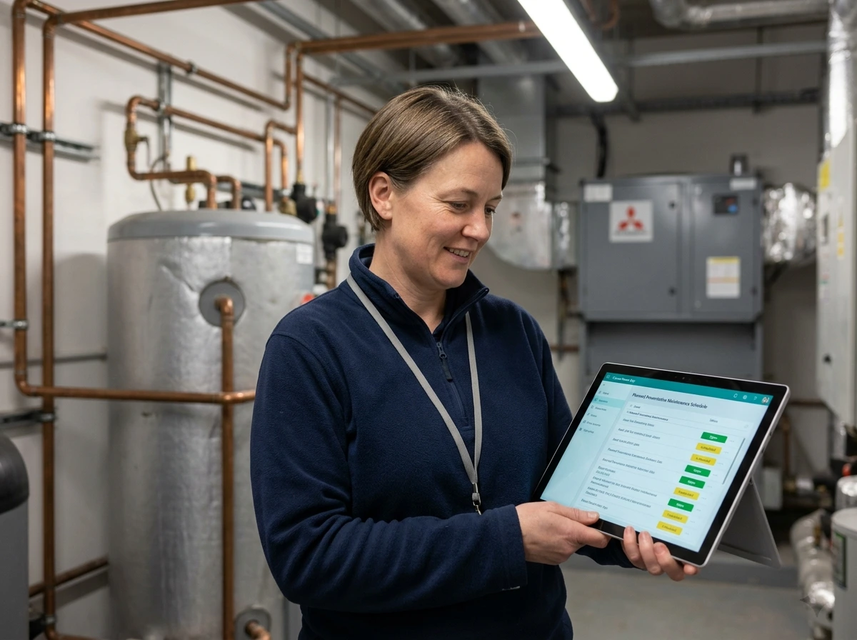 Facilities management software on a Surface tablet showing a PPM schedule on a UK commercial site