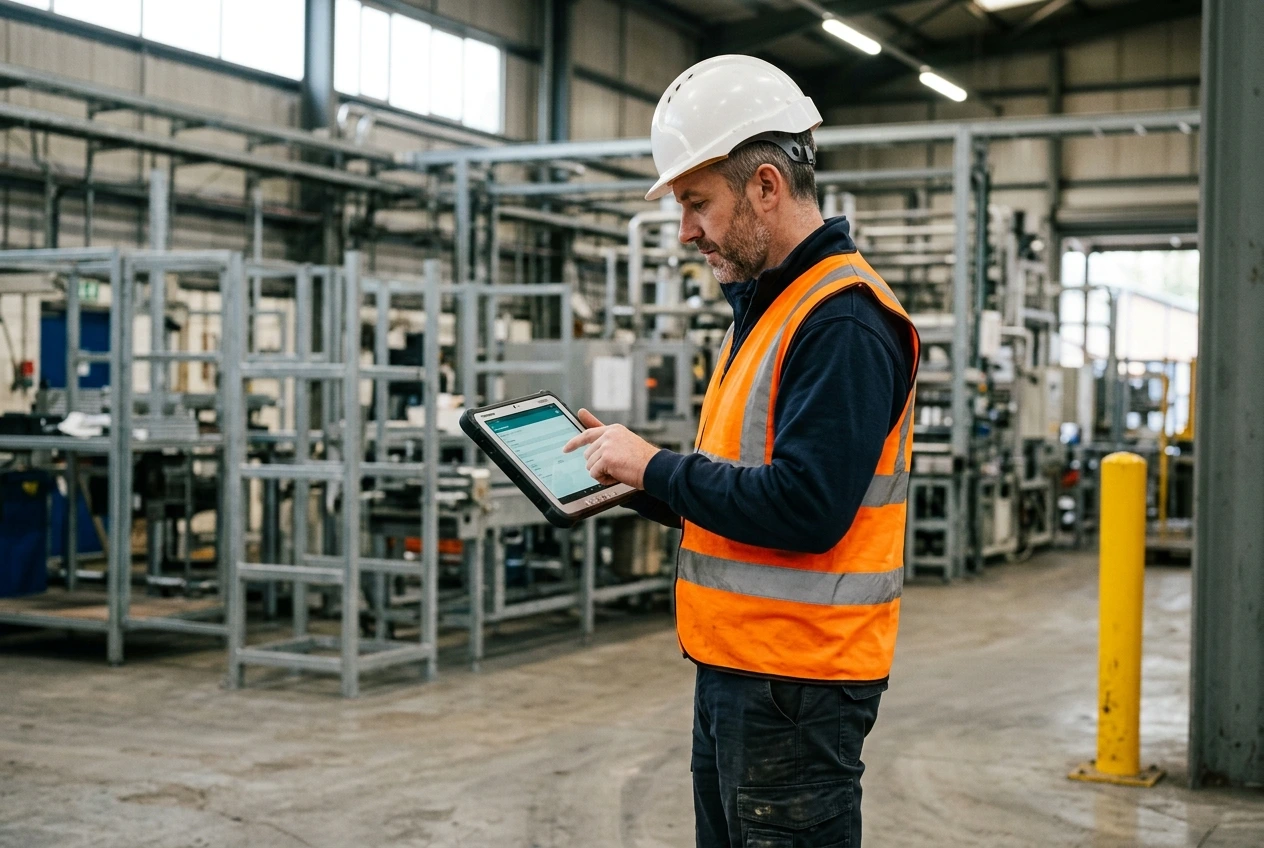 UK field engineer using a custom Power Apps mobile application on a rugged tablet during a site inspection