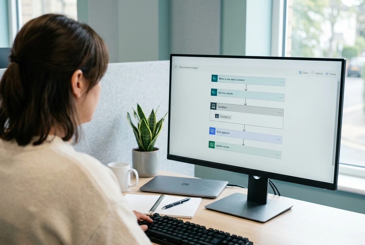 UK operations manager reviewing a Power Automate workflow automation dashboard on a desktop monitor in a modern office