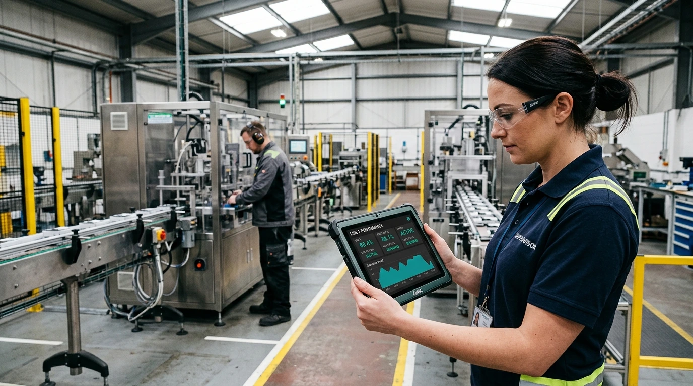Custom manufacturing software OEE dashboard running on a tablet on a UK production line
